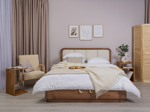 Белая кровать Hemwood с подъемным механизмом - Кровать из натурального массива сосны с мягким изголовьем и бельевым ящиком